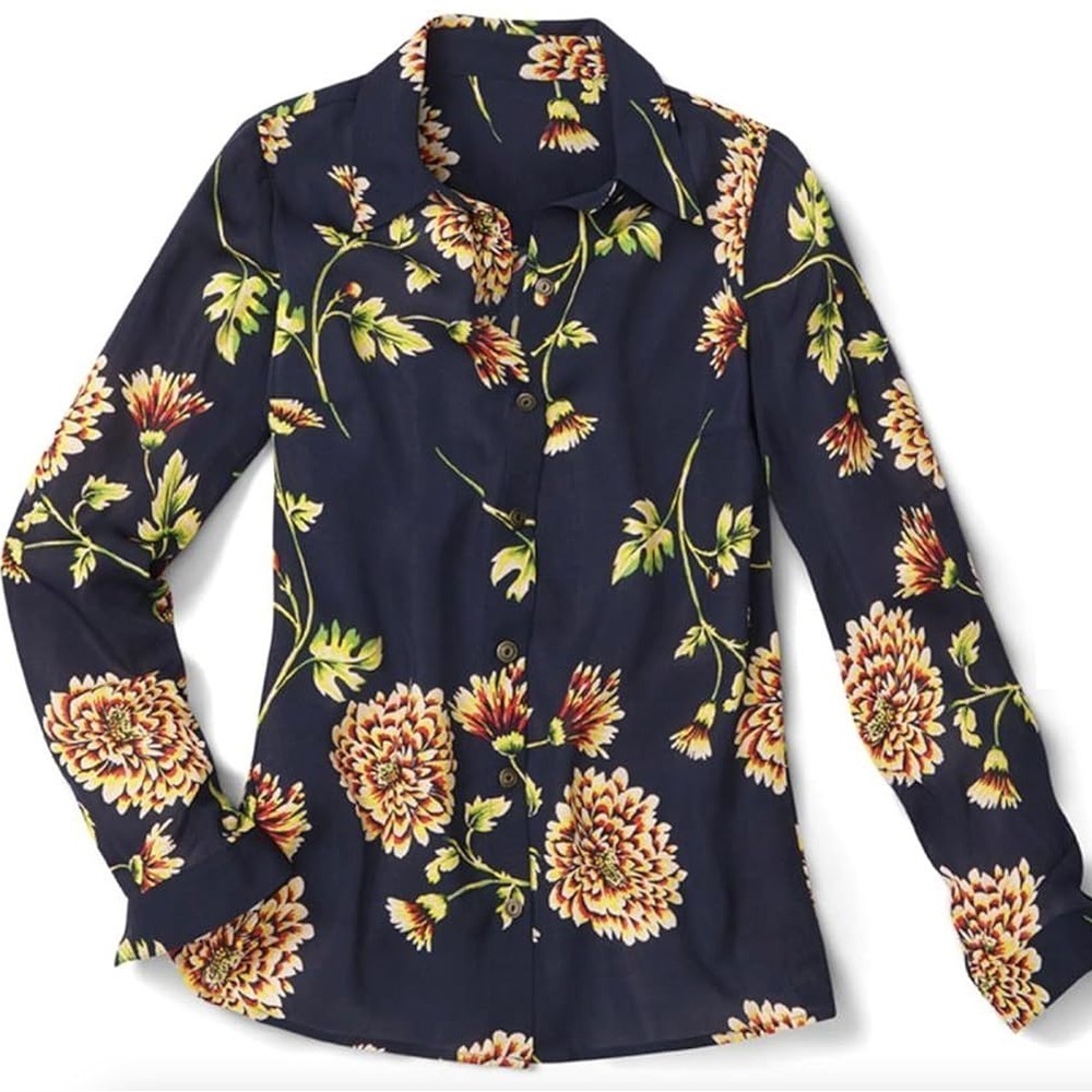Cabi Daisy Blouse Button Down Top Floral Shirt 3250 Navy Yellow Size Medium
